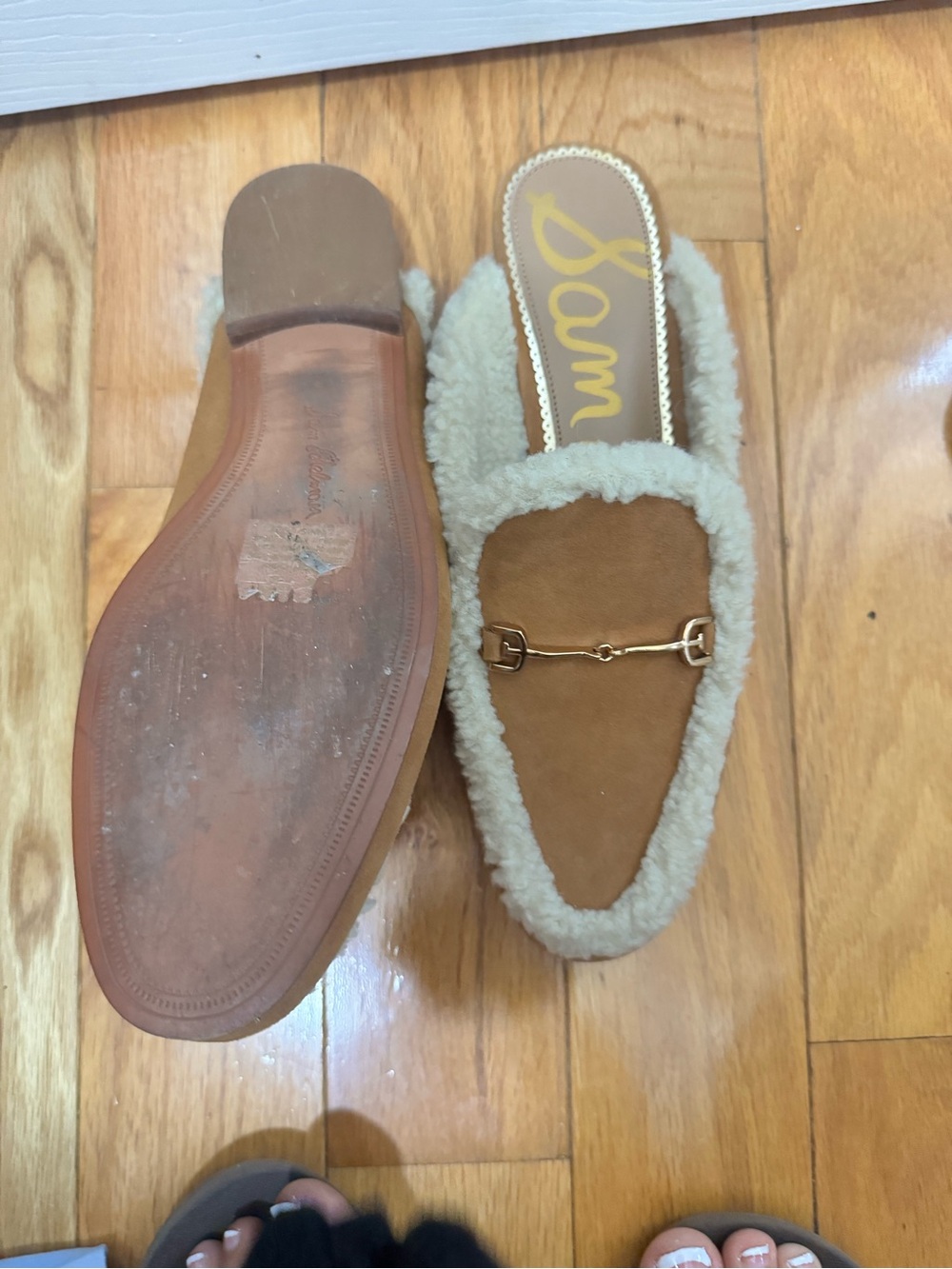 Delman Tan Suede Mule with Cream Shearling Trim and Gold Bit - Picture 2 of 3